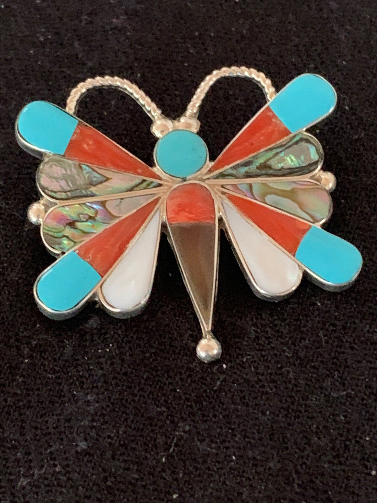 Turquoise & Mother Of Pearls Butterfly Zuni Sterling Silver Pin Pendant 04695