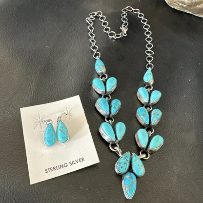 Kingman Turquoise Navajo Sterling Silver Earrings & Lariat Necklace 19" 19278