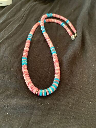 Navajo Turquoise & Spiny Oyster Necklace Sterling Silver 21" 4639