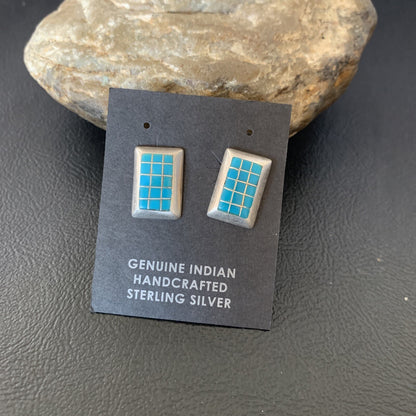 Blue Turquoise Inlay Navajo Sterling Silver Dangle Post Earrings 0.5" 12749