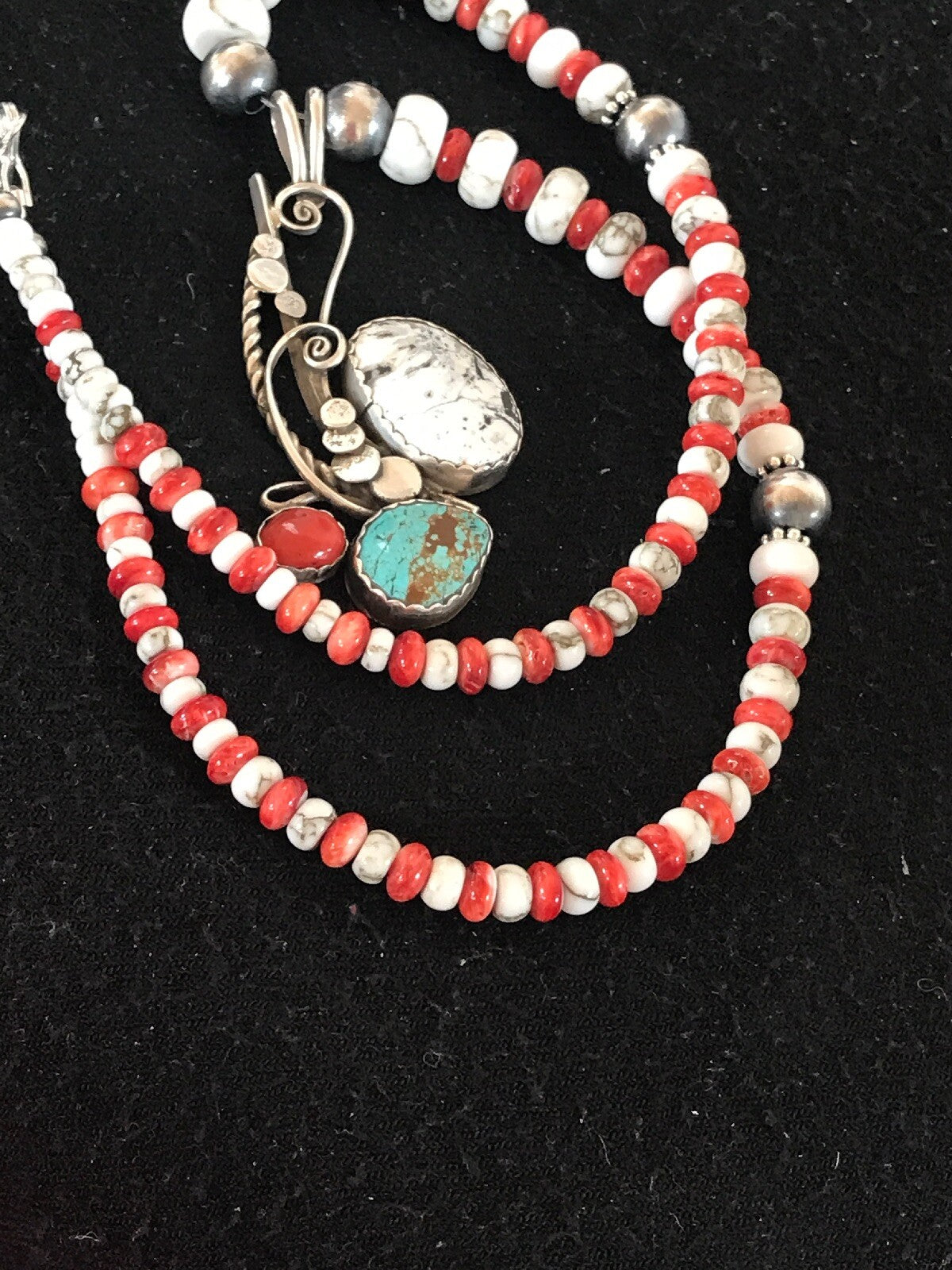 Blue Turquoise Spiny Oyster Pendant Pearls Sterling Beads Silver Necklace 8644