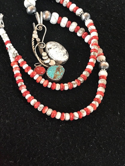 Blue Turquoise Spiny Oyster Pendant Pearls Sterling Beads Silver Necklace 8644