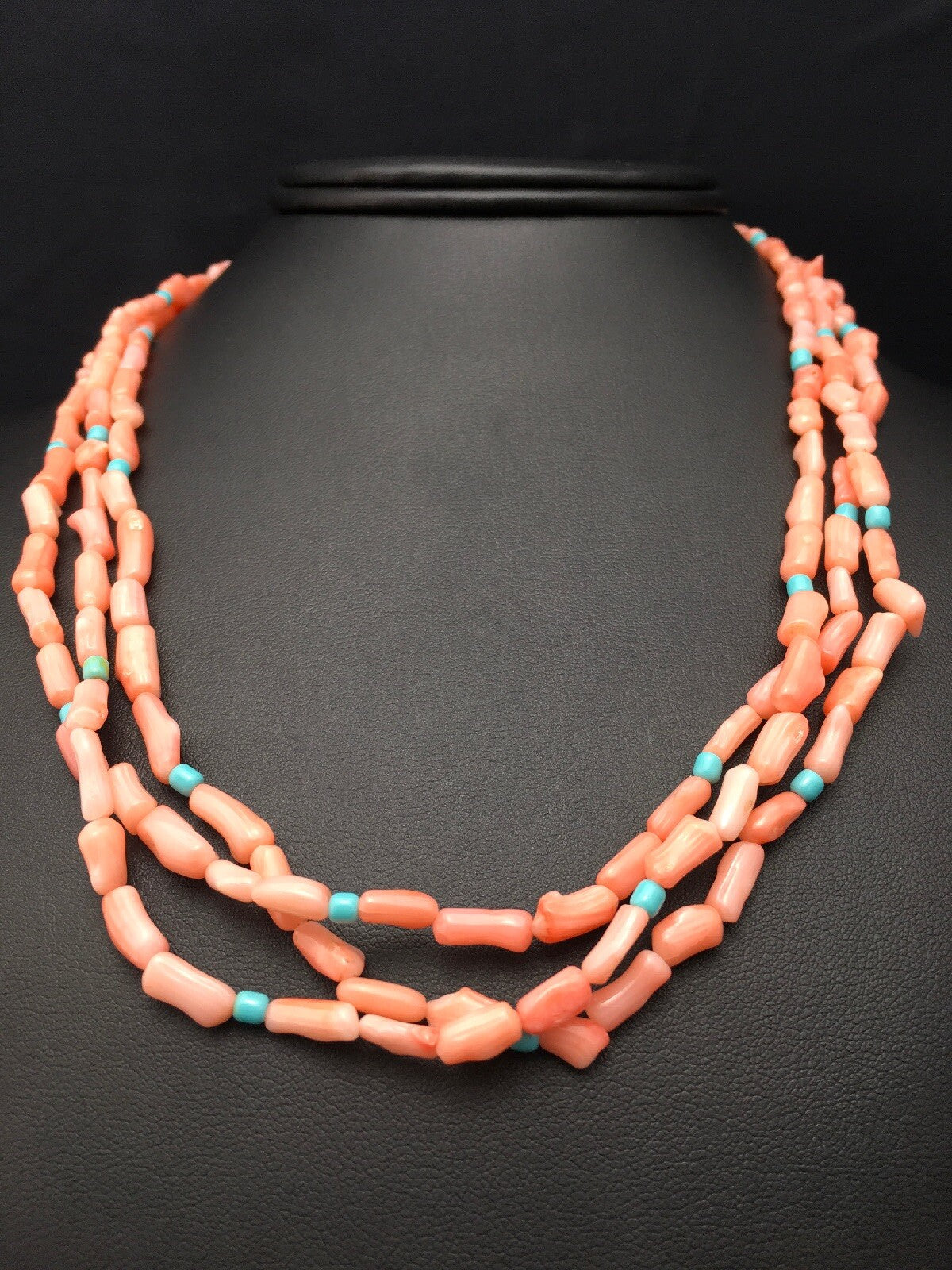 Turquoise & Pink Coral Southwestern Sterling Silver 3 Strand Necklace 04389