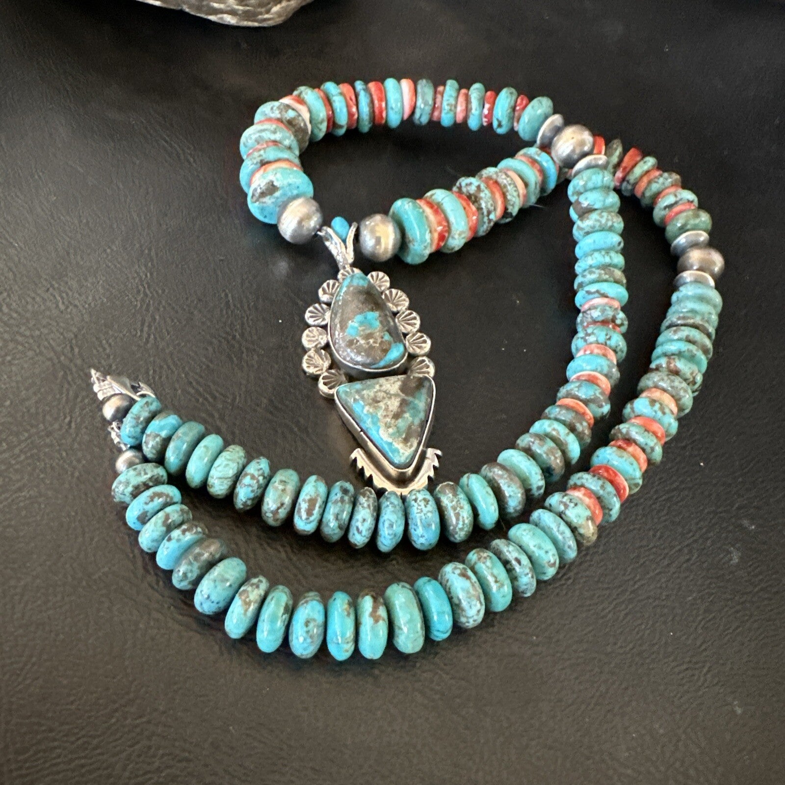 Blue Kingman Turquoise Spiny Navajo Sterling Silver Pendant Necklace 23” 17690