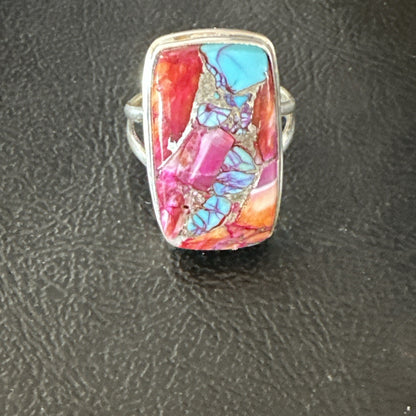 Blue Turquoise Spiny Oyster Southwestern Sterling Silver Ring Size 9 19060