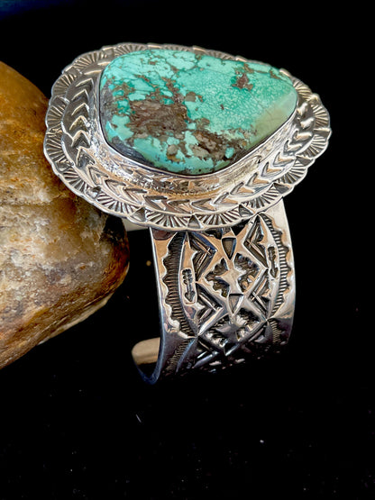 Mens Kingman Turquoise Navajo Sterling Silver Cuff Bracelet 01288