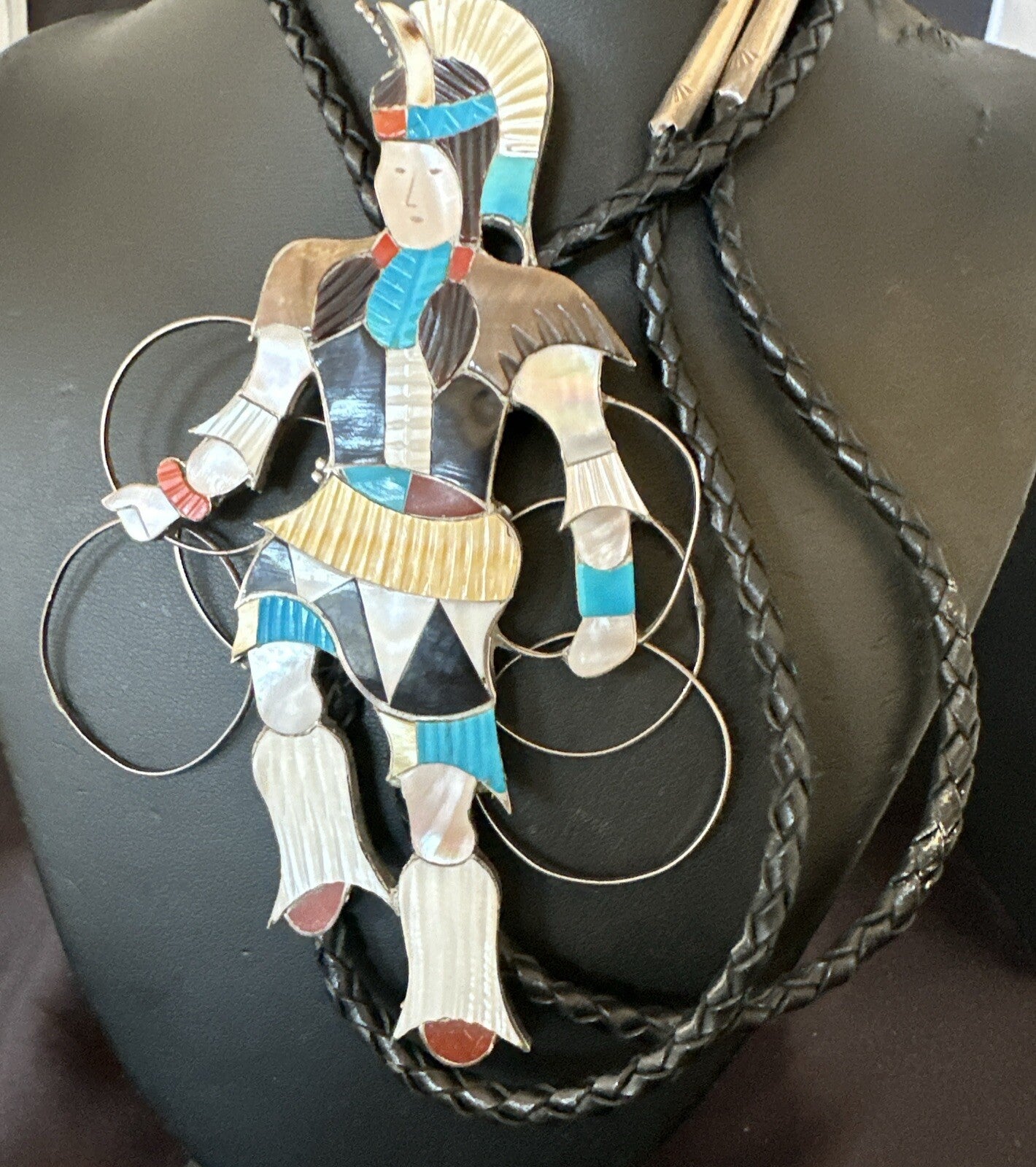 Men Bolo Tie Zuni Hoop Dancer Blue Turquoise Onyx Inlay Sterling Silver 18147