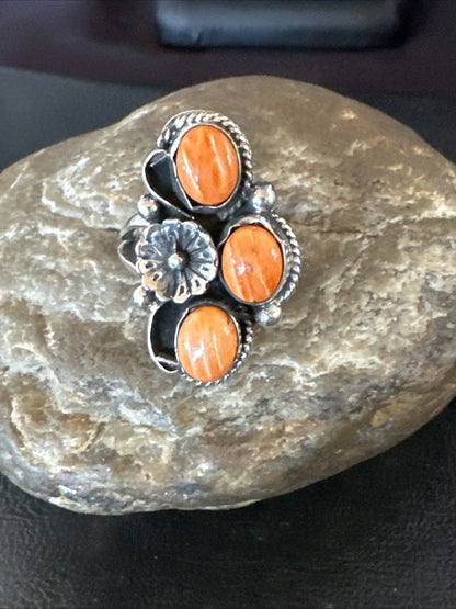 Orange Spiny Oyster Cluster Navajo Sterling Silver Ring Size 6.5 19185
