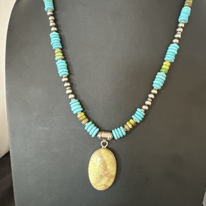 Green Gaspeite Pendant Blue Turquoise Navajo Sterling Silver Necklace 20" 19670