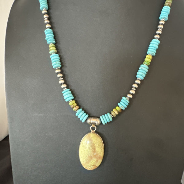 Green Gaspeite Pendant Blue Turquoise Navajo Necklace 20" | Sterling Silver | Authentic Native American Handmade | 19670