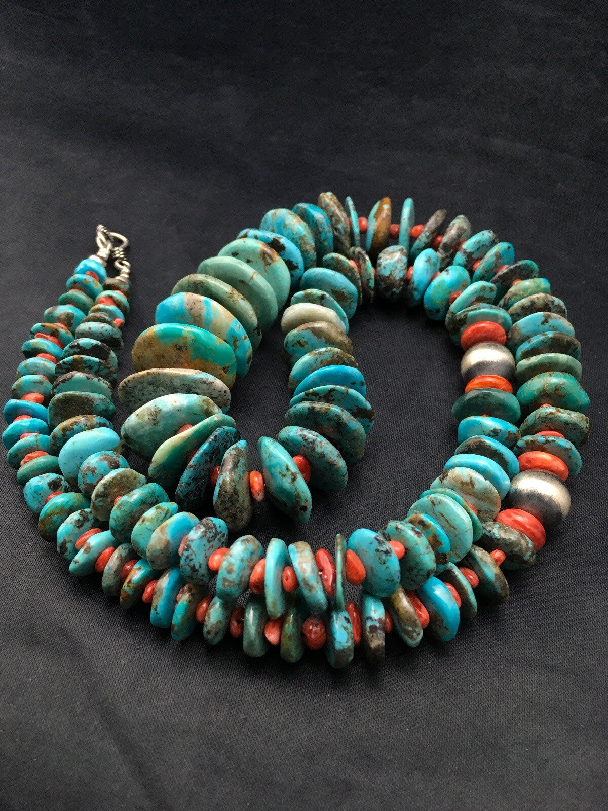Turquoise & Spiny Oyster Graduated Navajo Sterling Silver Necklace 29" 04362