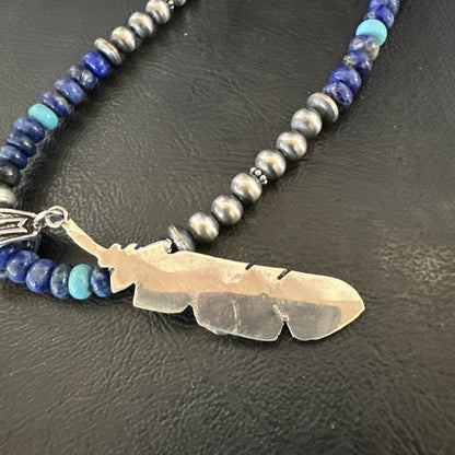Blue Turquoise Lapis Feather Pendant Navajo Sterling Silver Necklace 21” 17790