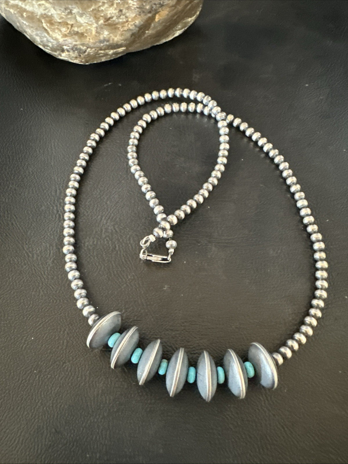 Blue Turquoise Round Flat Sterling Silver Beads Necklace 20” 19026