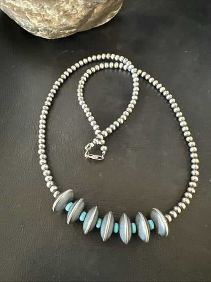 Blue Turquoise Round Flat Sterling Silver Beads Necklace 20” 19026