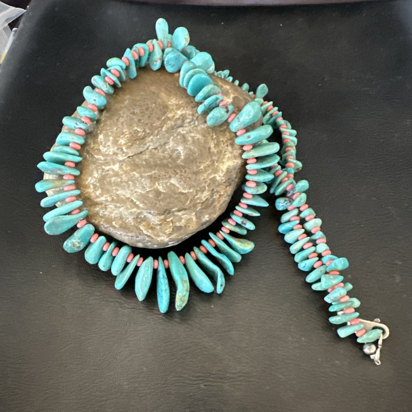 Mens Women Navajo Blue Turquoise Pink Coral Necklace Sterling Silver 28” 19746