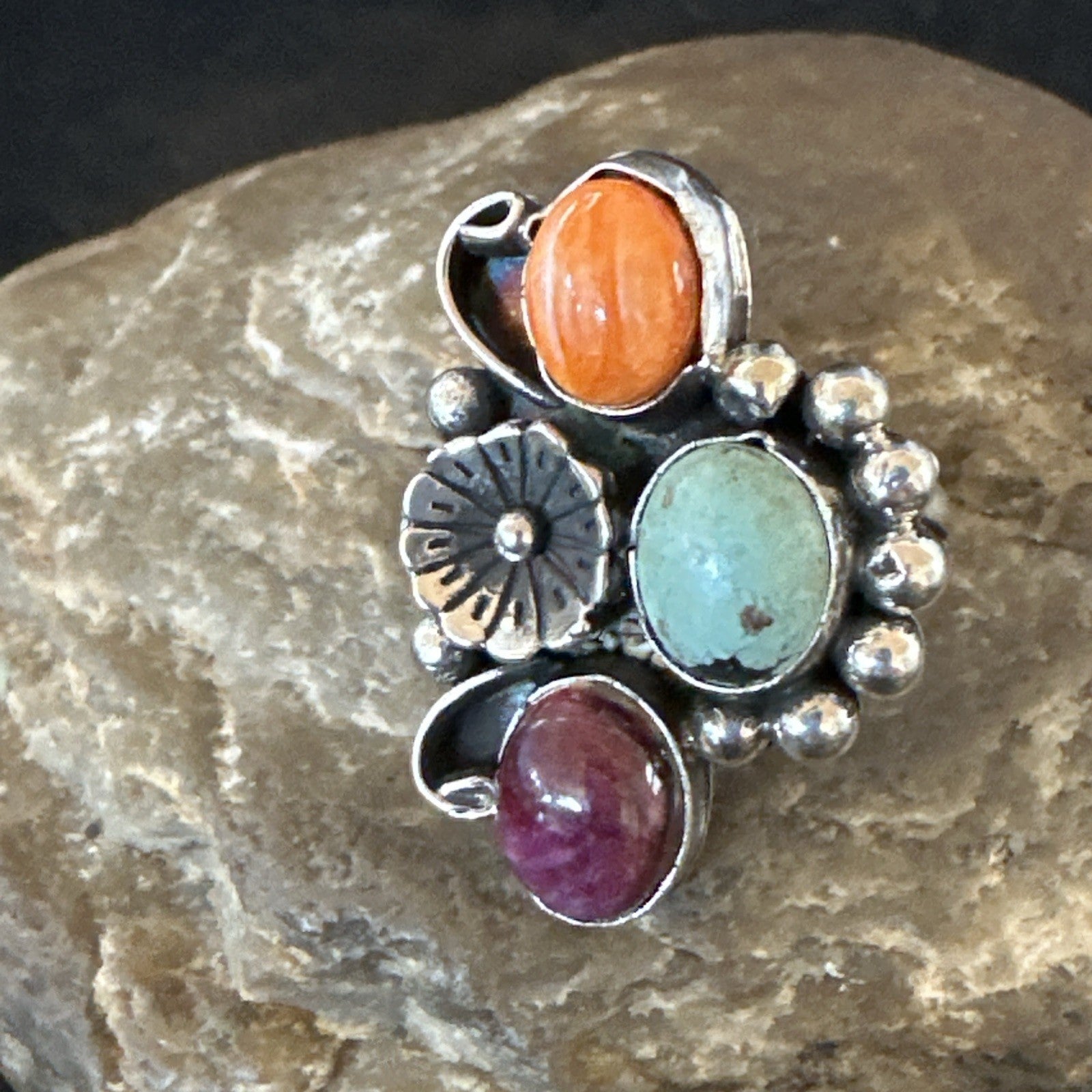 Multicolor Ring Turquoise Spiny Navajo Sterling Silver Cluster Size 8 19183