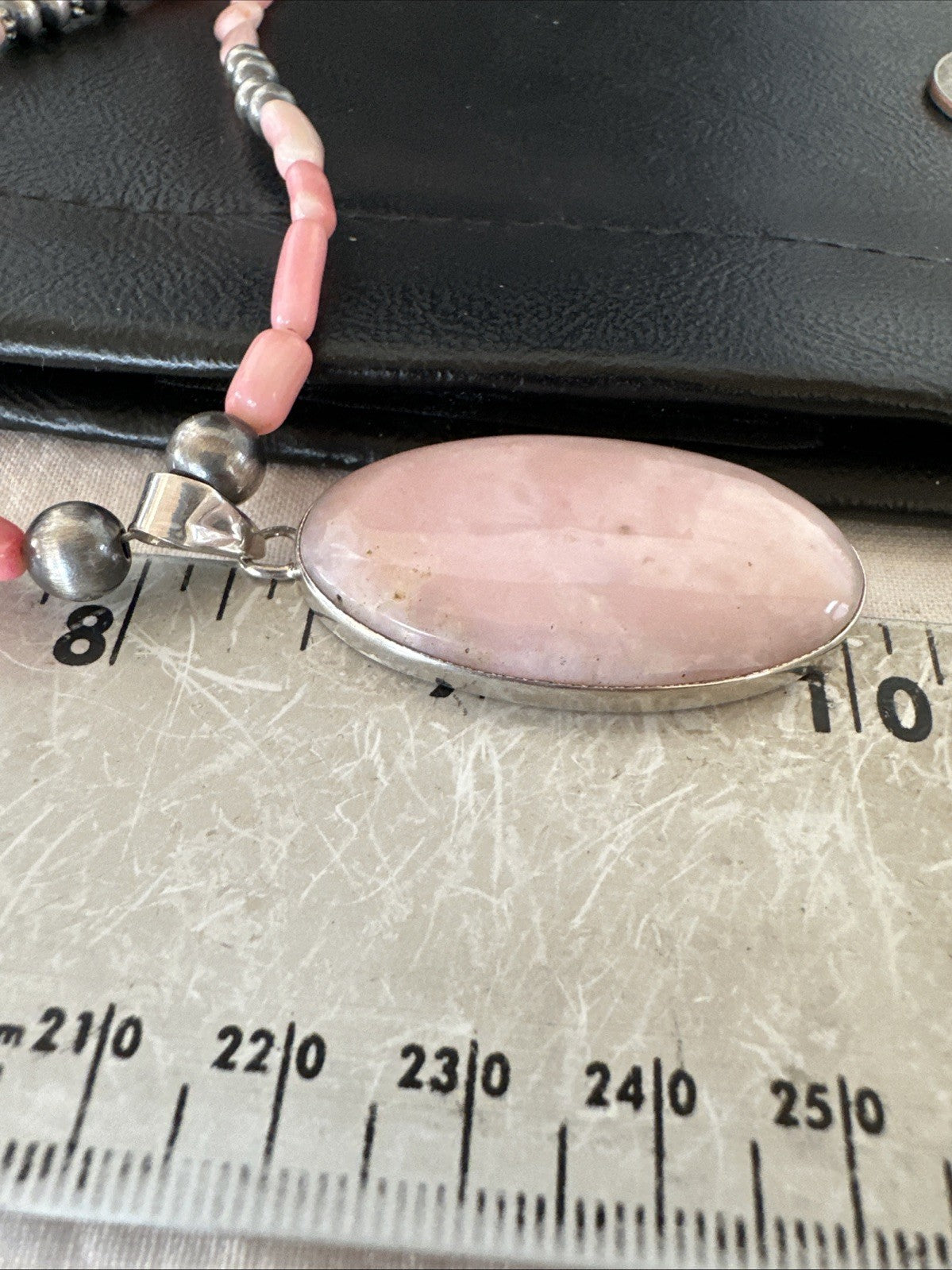 Southwestern Sterling Silver Pink Coral Bead Necklace Quartz Pendant 24" 19586