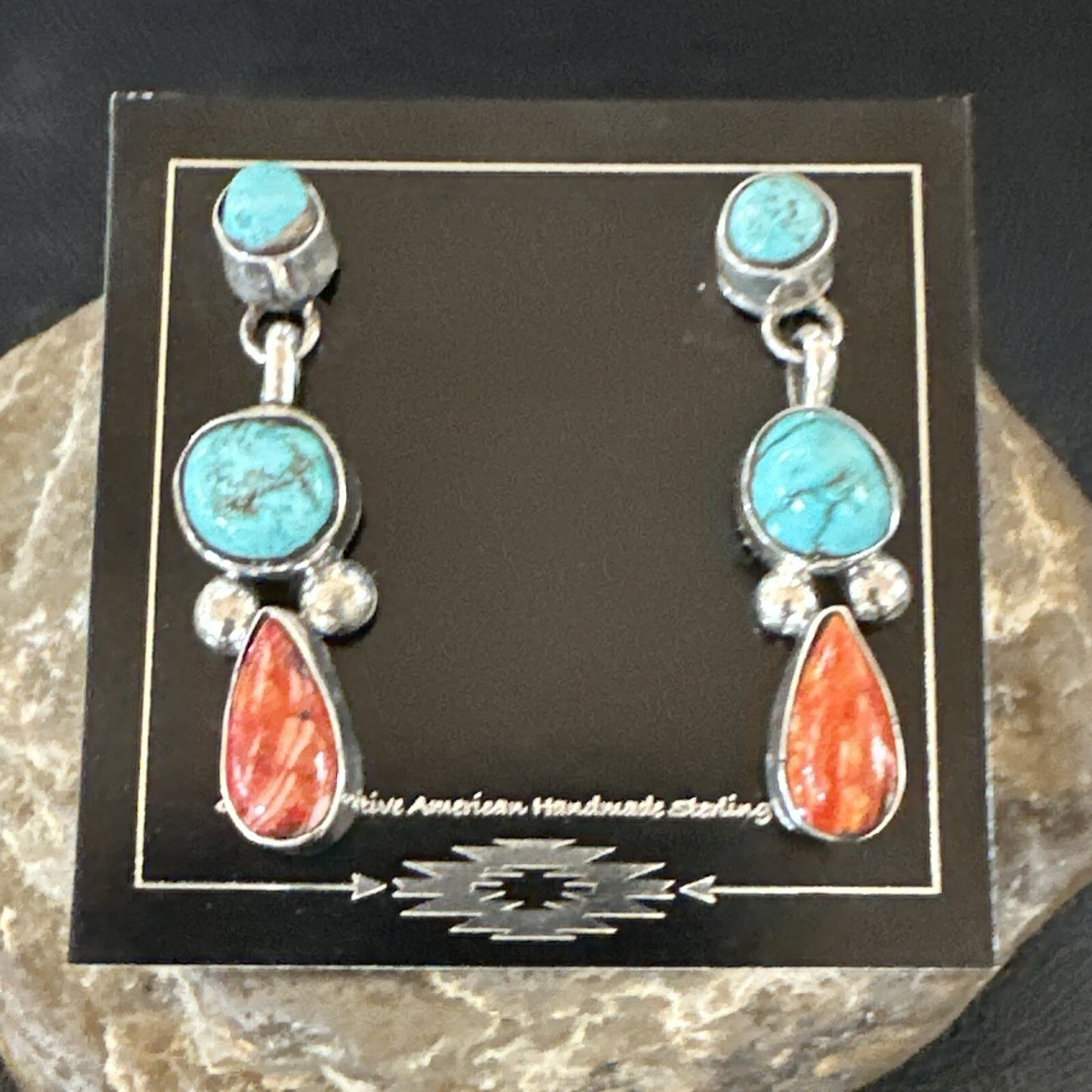 Blue Turquoise Red Spiny MultiColor Navajo Sterling Silver Inlay Earrings 18354
