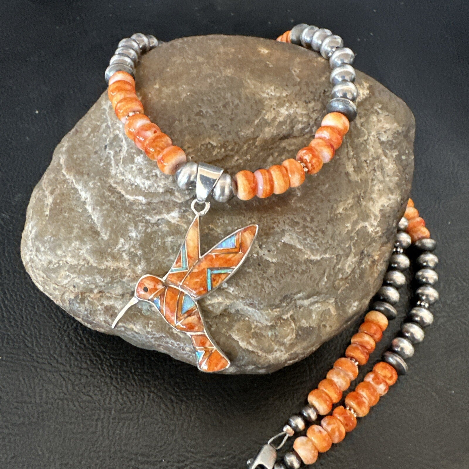 HummingBird Orange Spiny Oyster Opal Sterling Silver Necklace Pendant 18675