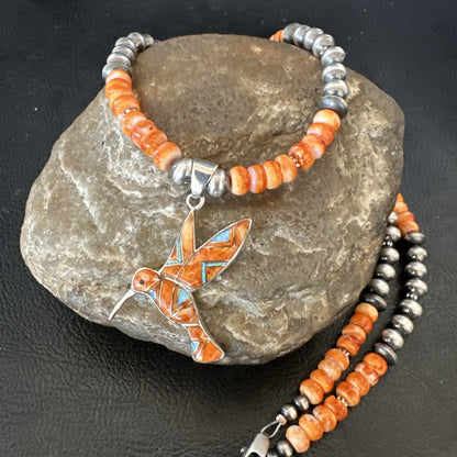 HummingBird Orange Spiny Oyster Opal Sterling Silver Necklace Pendant 18675