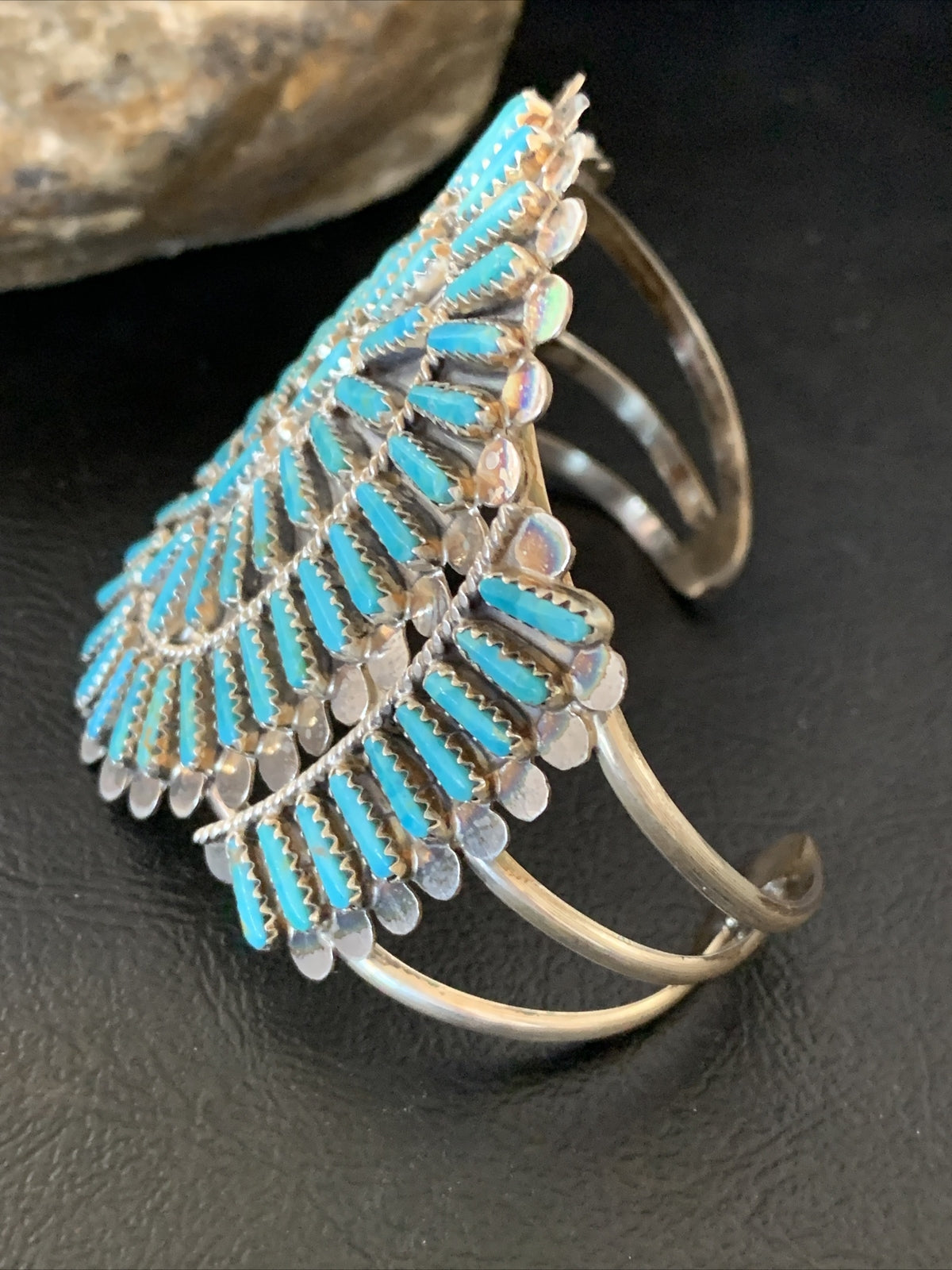 Blue Turquoise Zuni Sterling Silver Cluster Cuff Bracelet 12333
