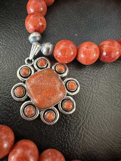 Navajo Apple Sponge Coral Sterling Silver Necklace Pendant 18327
