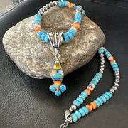 Multicolor Turquoise Pendant Navajo Beads Necklace | Sterling Silver | Authentic Native American Handmade | 18730