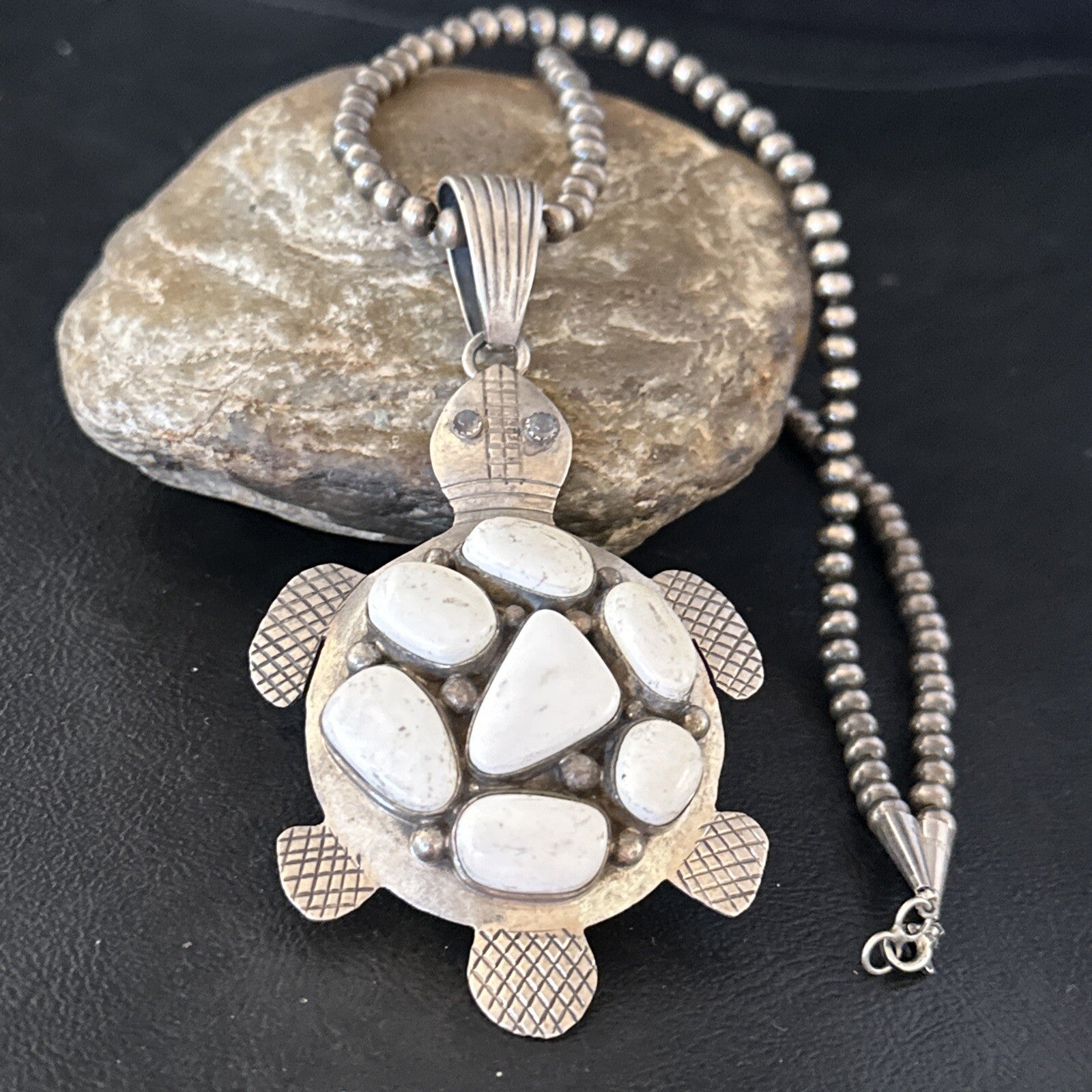 CLUSTER Turtle Navajo White Buffalo Turquoise Sterling Silver Pendant 14528