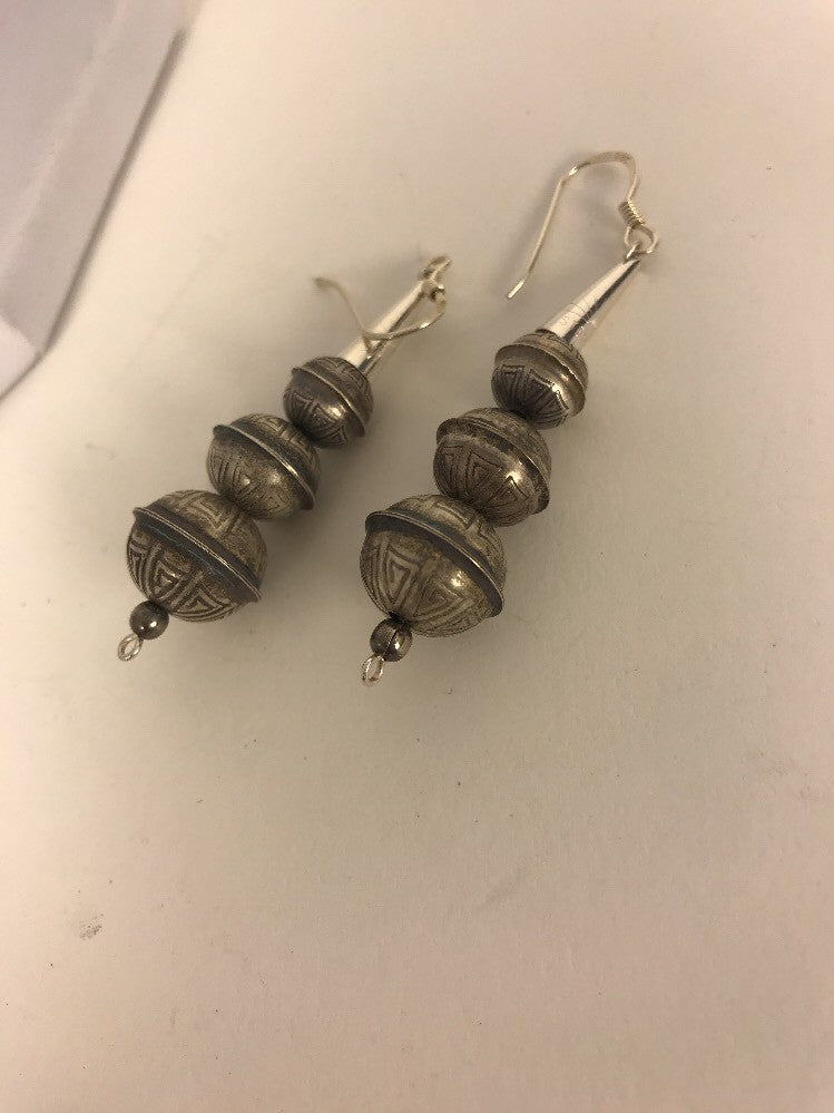 Handmade Native American Sterling Silver Beaded Earrings 1.5” 10053
