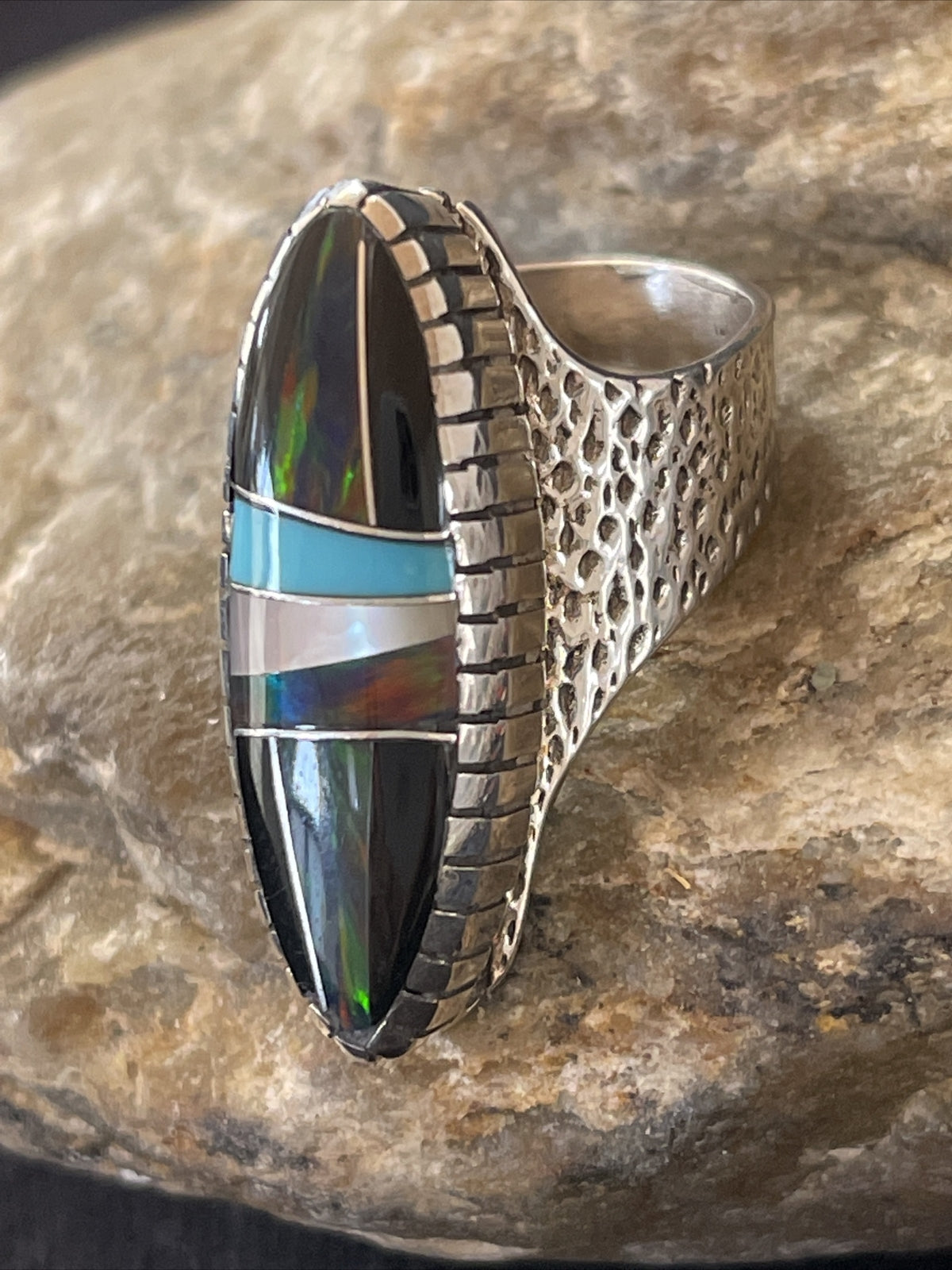 Navajo Multi-Color Opal & Turquoise Inlay Sterling Silver Ring Size 7 01584