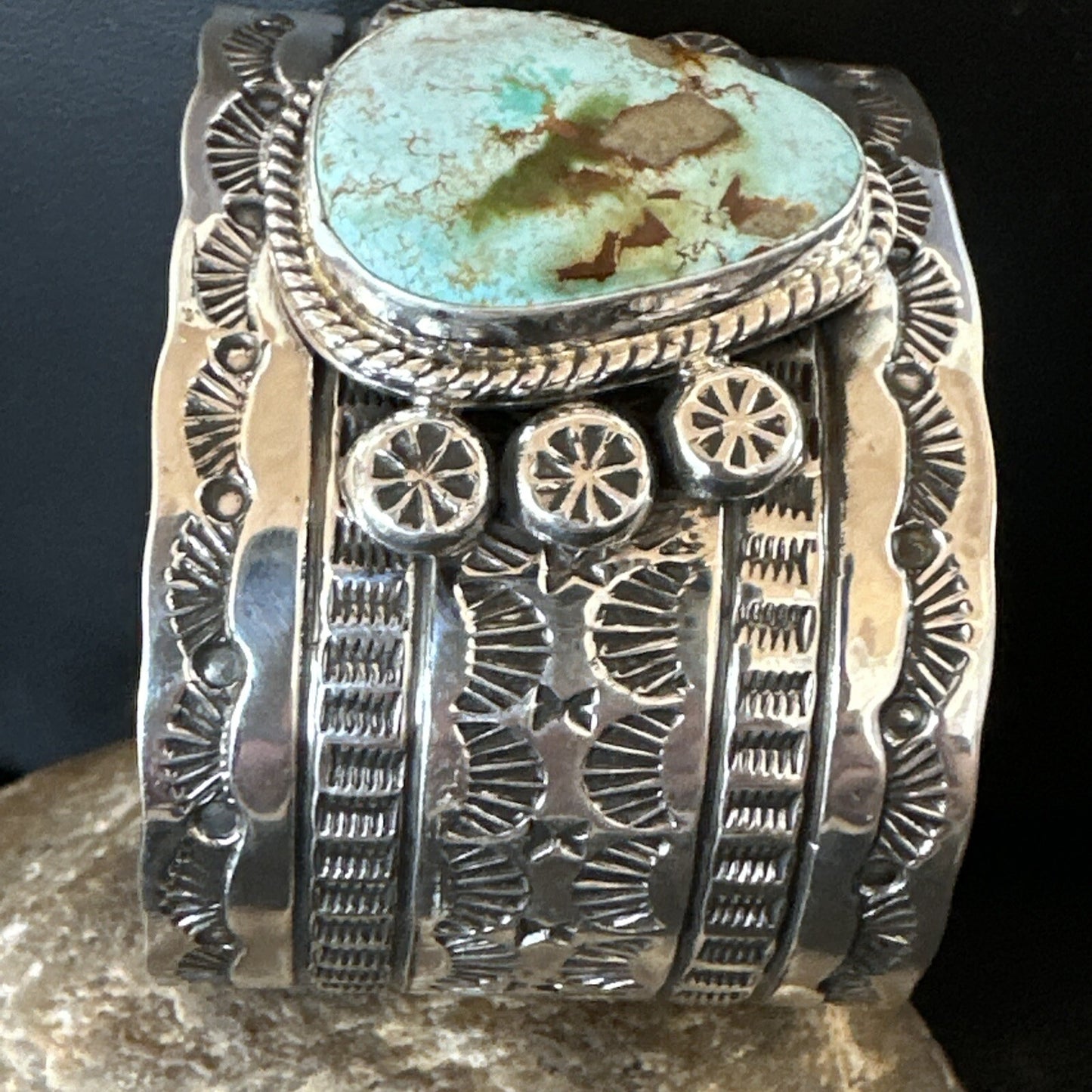 Navajo Women Green Royston Turquoise Stamped Sterling Silver Cuff Bracelet 17947