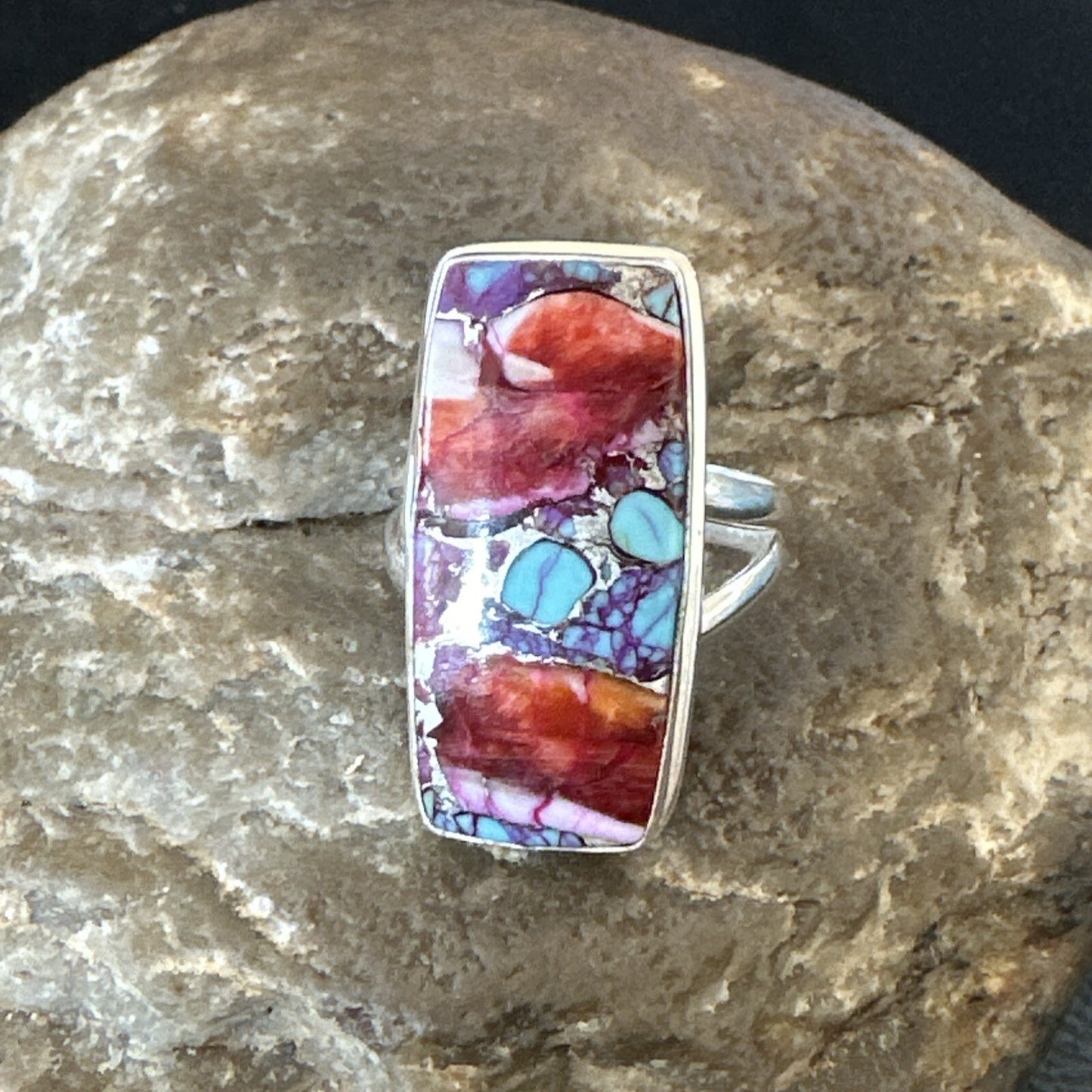 Blue Turquoise Spiny Oyster Southwestern Sterling Silver Ring Size 7 18491
