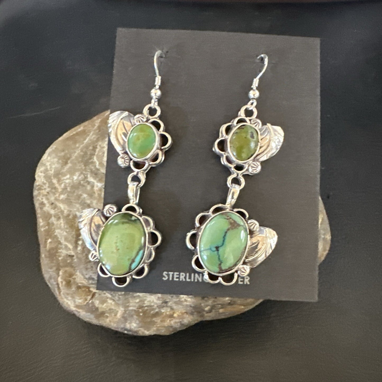 Native Navajo Green Turquoise Sterling Silver Dangle Earrings 2” 17693