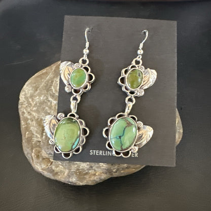 Native Navajo Green Turquoise Sterling Silver Dangle Earrings 2” 17693