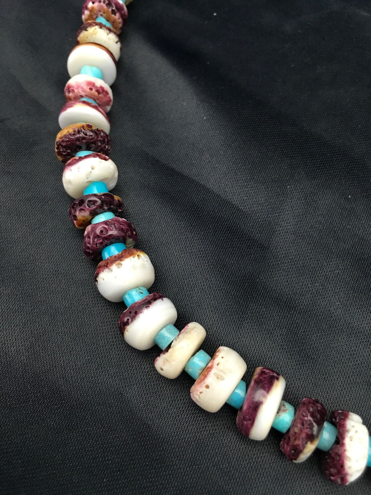 Purple Spiny Oyster & Turquoise Navajo Sterling Silver Bead Necklace 02617