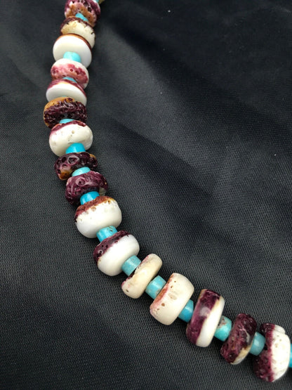 Purple Spiny Oyster & Turquoise Navajo Sterling Silver Bead Necklace 02617