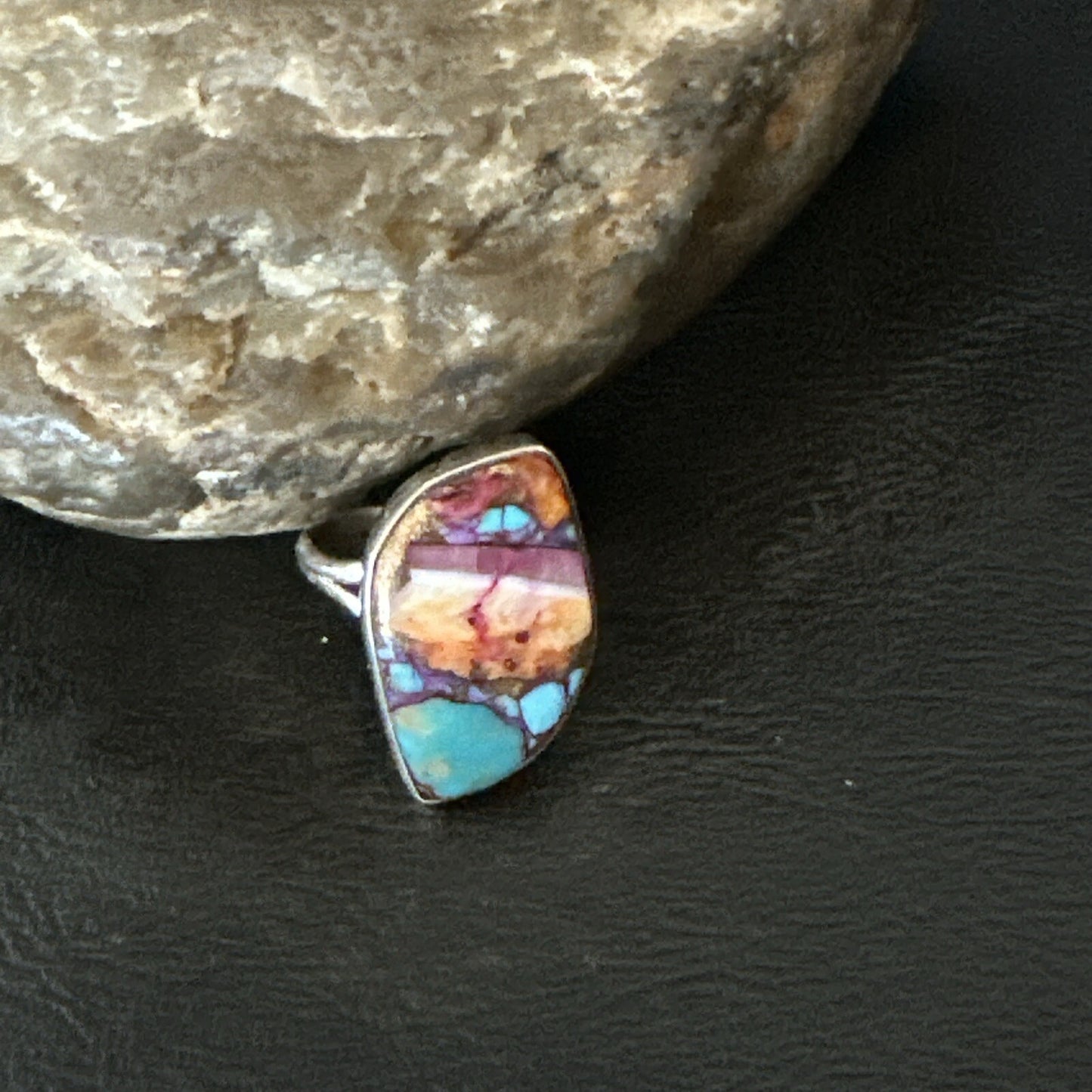Blue Turquoise Spiny Oyster Southwestern Sterling Silver Ring Size 8 18440