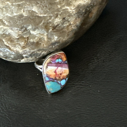 Blue Turquoise Spiny Oyster Southwestern Sterling Silver Ring Size 8 18440