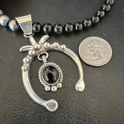 Mens Black Onyx Naja Pendant Navajo Pearls Sterling Silver Necklace 23” 17686