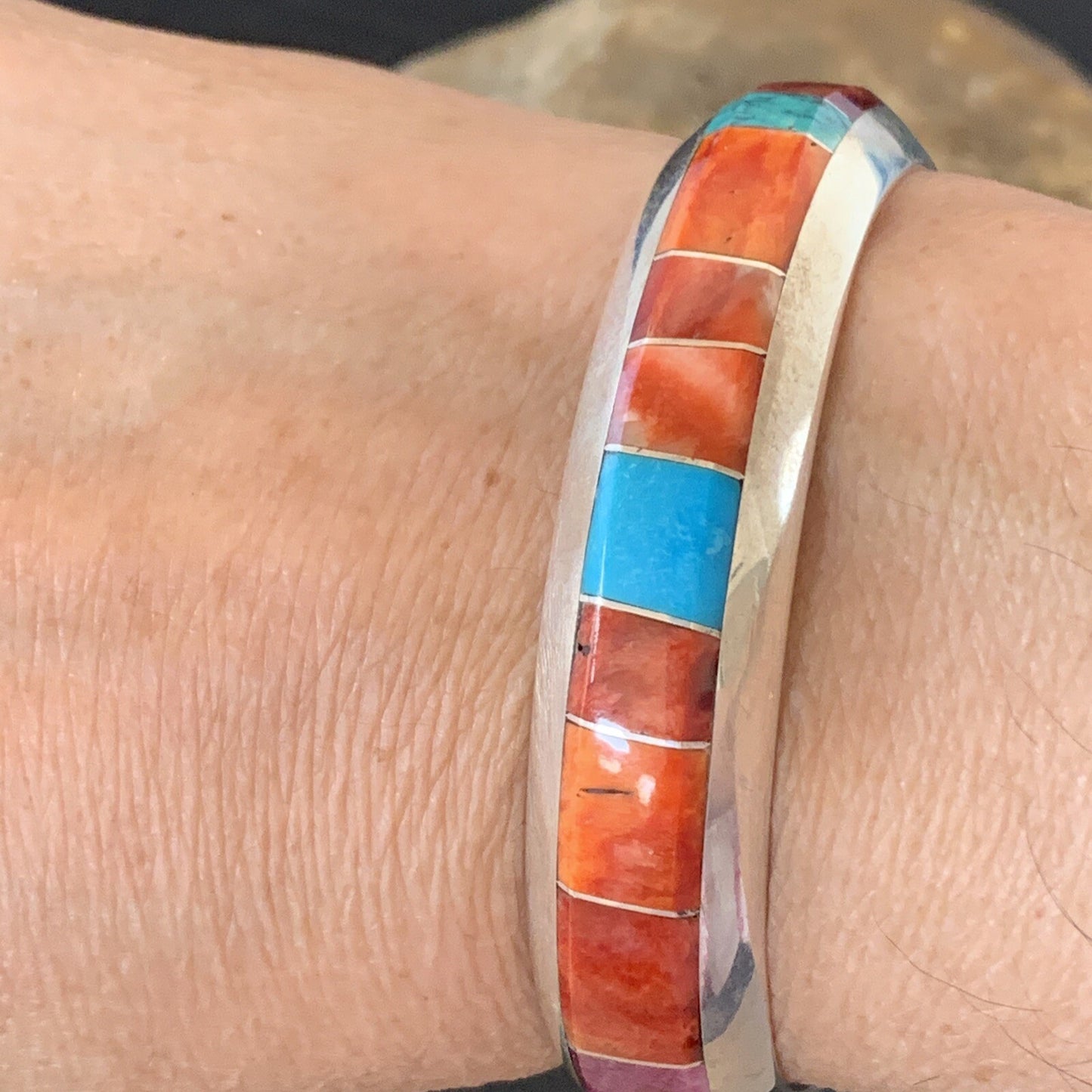 Mens Red Spiny & Turquoise Navajo Sterling Silver Inlay Bracelet 1647