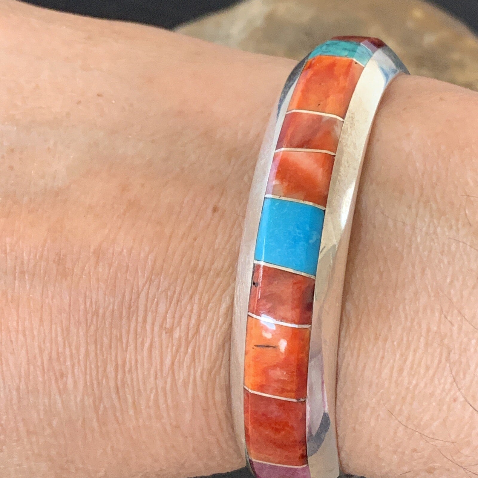 Mens Red Spiny & Turquoise Navajo Sterling Silver Inlay Bracelet 1647