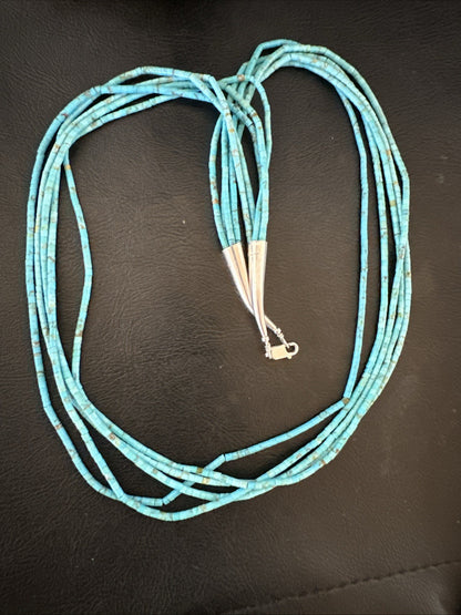 Native Blue Turquoise Heishi 5 Strand Sterling Silver Necklace 24” 19458
