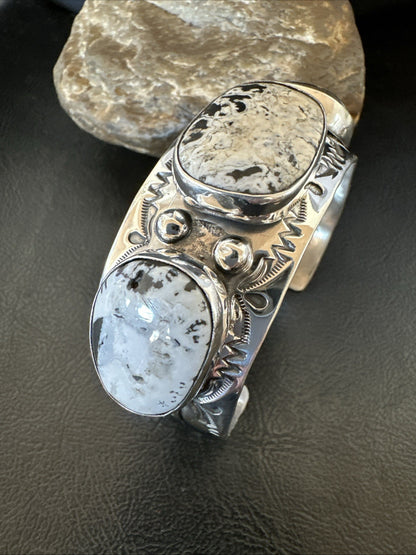 Mens White Buffalo Turquoise Navajo Sterling Silver Cuff Bracelet 7.5" 19428
