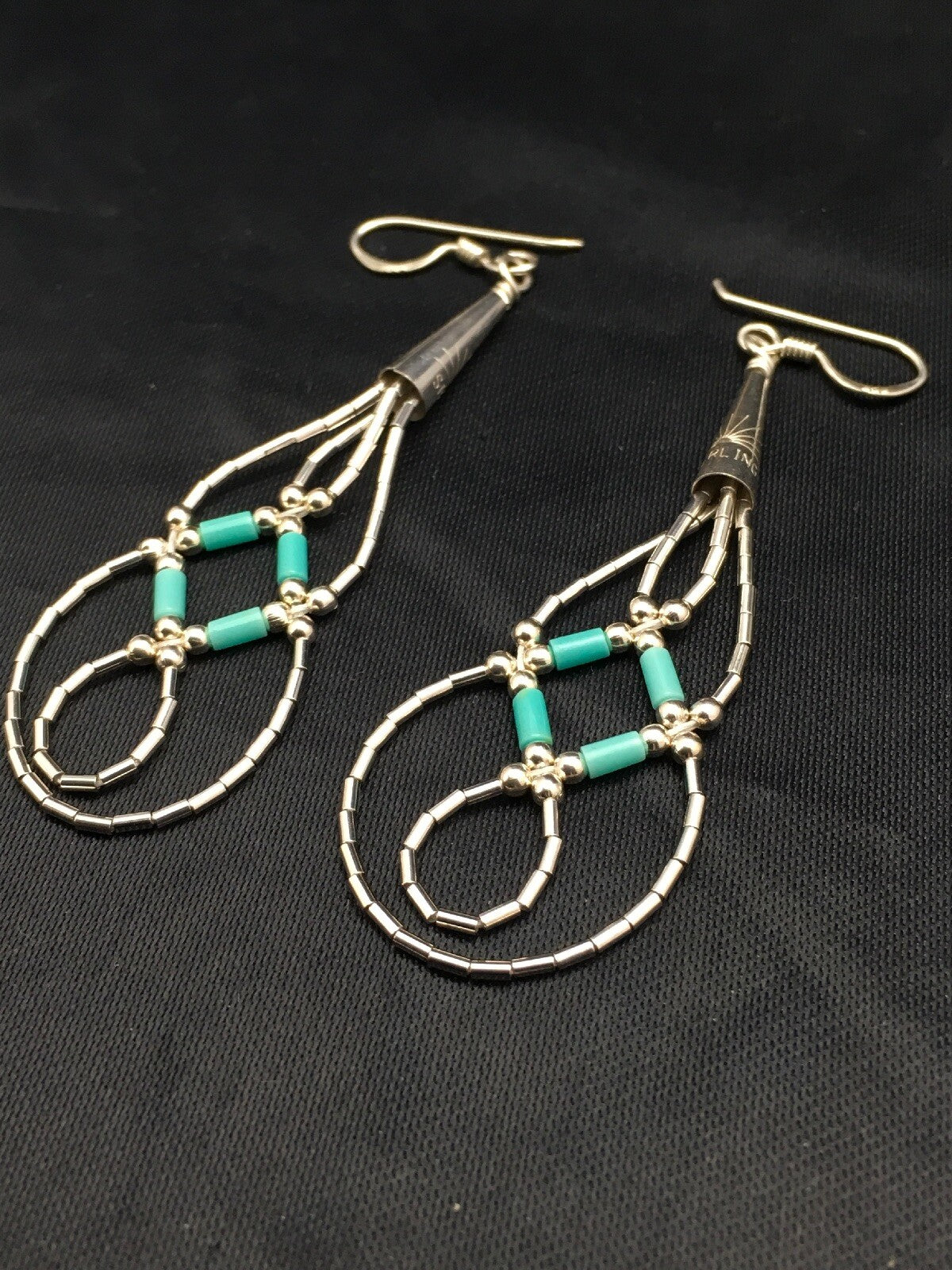Blue Turquoise Tube Heishi Dangle Liquid Sterling Silver Earrings 2" 03100