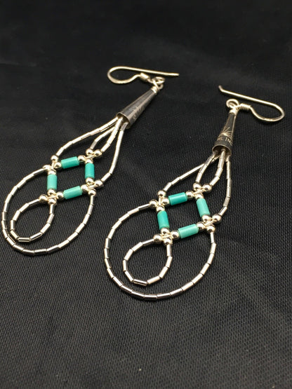 Blue Turquoise Tube Heishi Dangle Liquid Sterling Silver Earrings 2" 03100