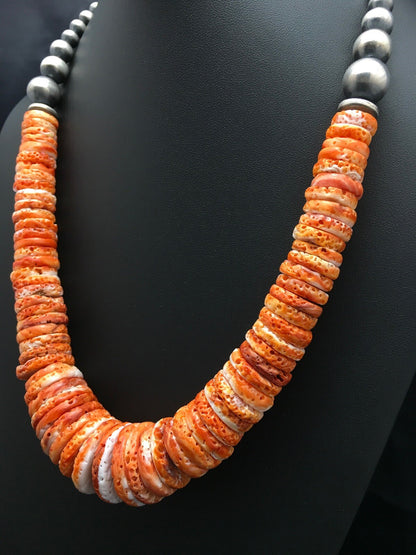 Spiny Oyster Graduated Navajo Sterling Silver Beads Necklace 23" 03085