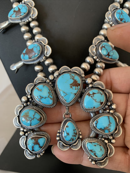 Blue Egyptian Turquoise Sterling Silver Beads Squash Blossom Necklace 17201