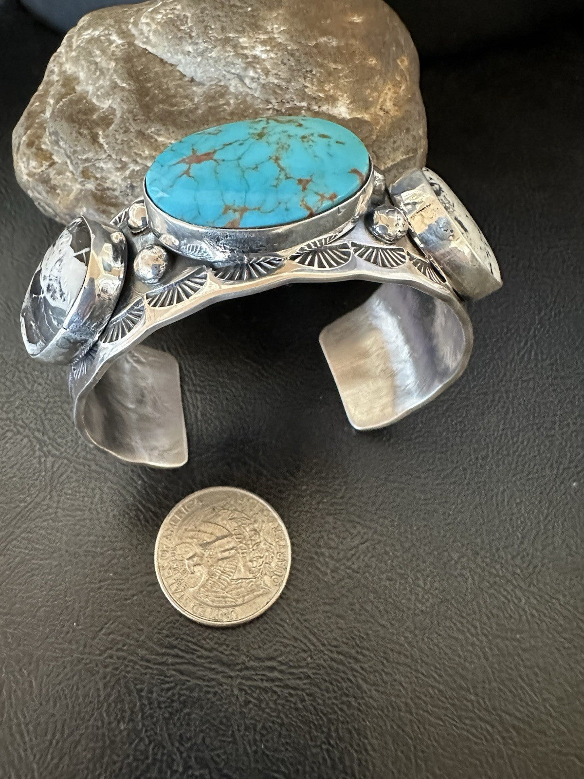 Men White Buffalo Blue Turquoise Navajo Sterling Silver Cuff Bracelet 7.3" 19429