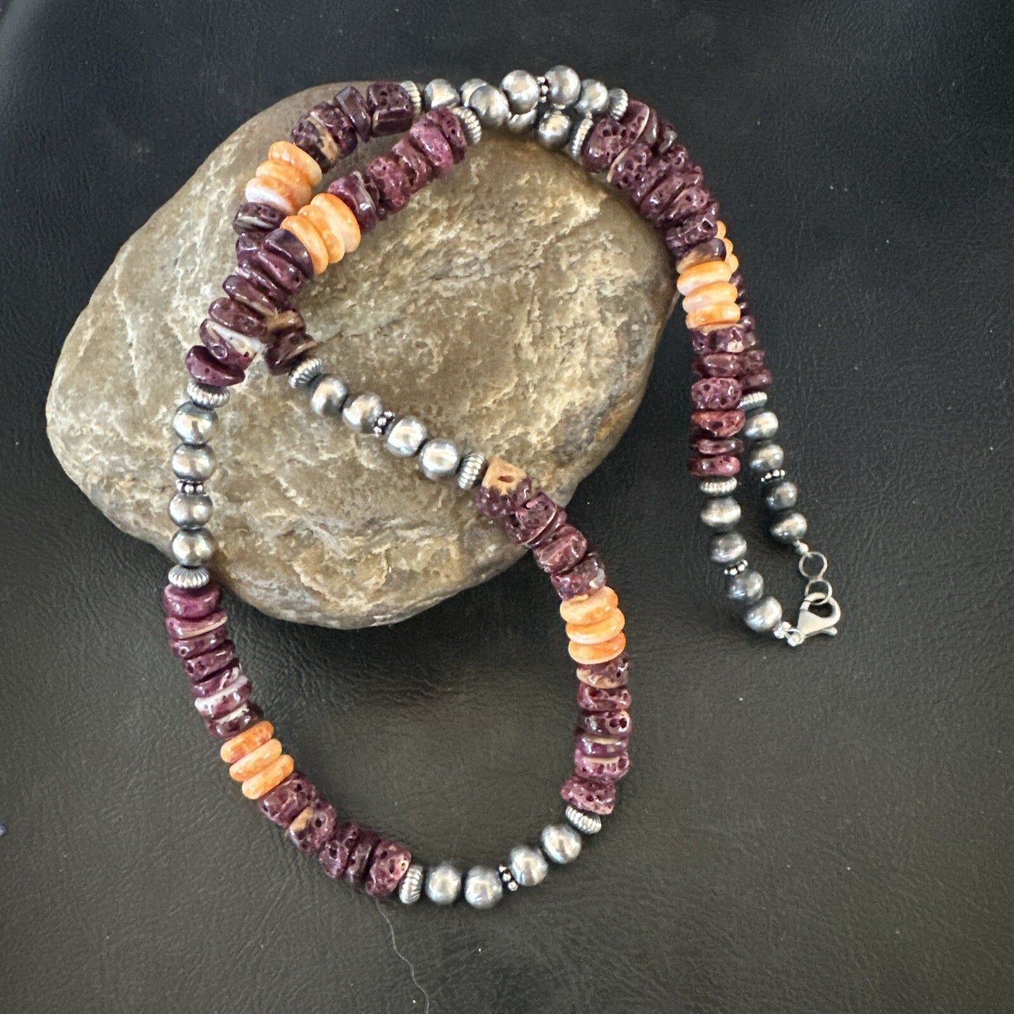 Navajo Sterling Necklace Purple Orange Spiny Oyster  20" 17702