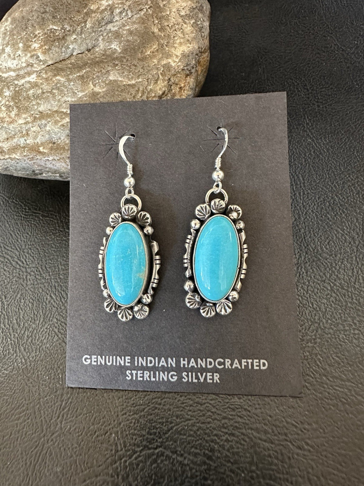 Handmade Blue Turquoise Sterling Silver Navajo Dangle Earrings Yazzie 19536